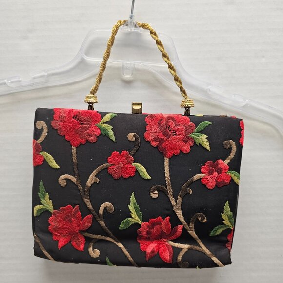 Black Red Floral Flower Embroidered Gold Cara Made in USA Clutch Hand Bag - Picture 7 of 16